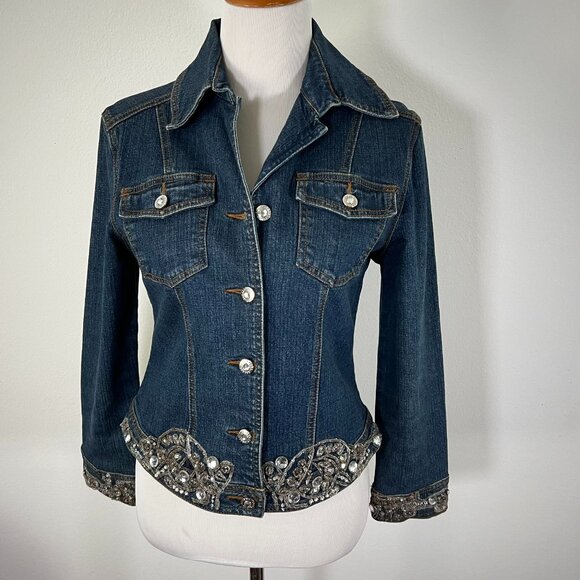 Vintage Cache Denim Jean Jacket Rhinestones Sequin Jouer Aux Echecs collab - Picture 1 of 15